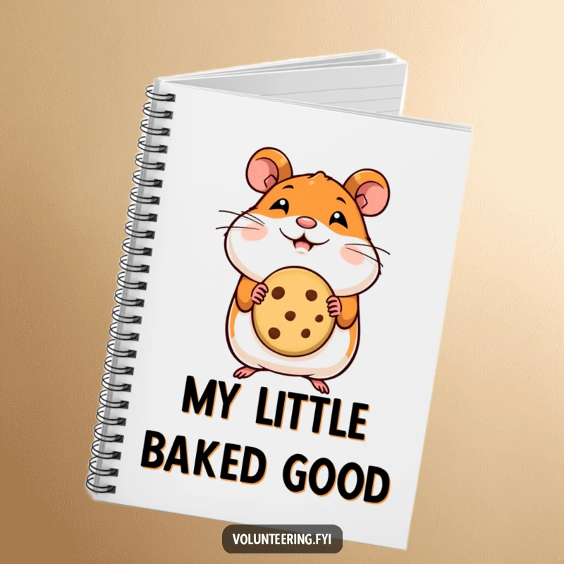 Funny hamster notebook with a happy hamster offering a cookie, ideal for jotting down notes and ideas.