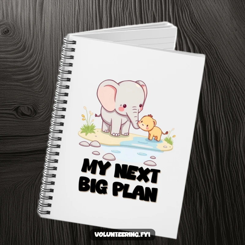 Funny kawaii elephant notebook, showing a cute elephant assisting a smaller creature across a stream, ideal for journaling kindness and ideas.