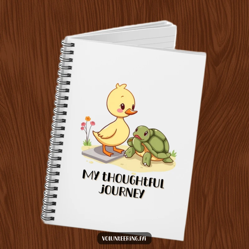 Funny kawaii duckling notebook, showing a cute duckling helping an elderly turtle cross a path, ideal for journaling and planning.