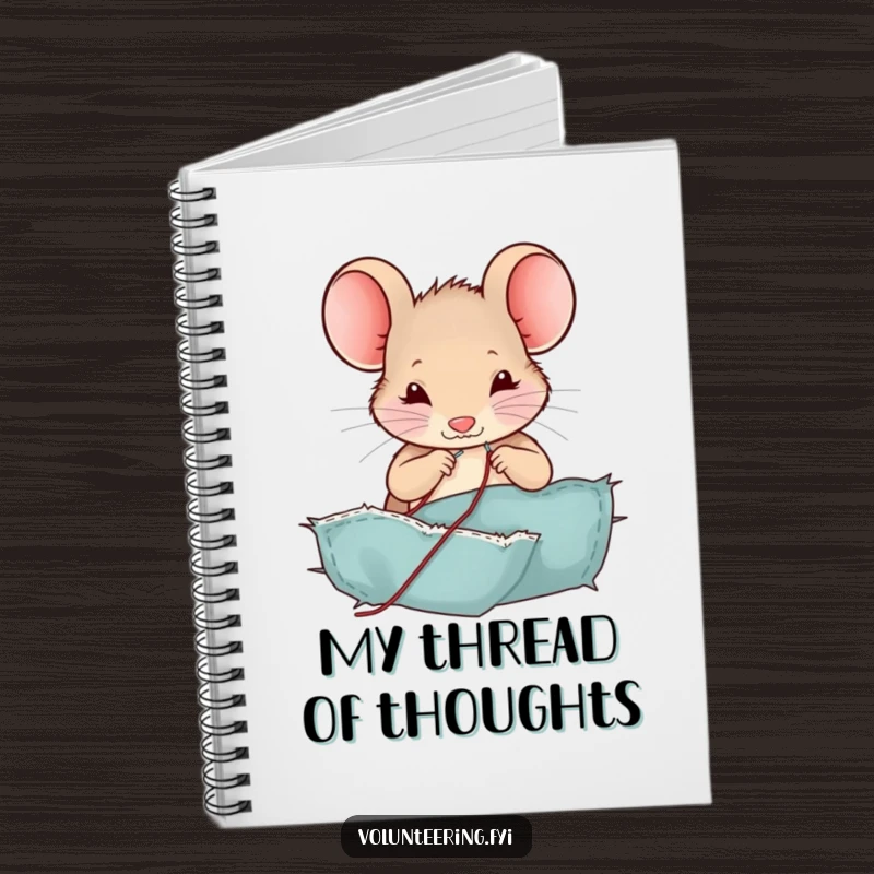 Funny mouse notebook, a contented character sewing a tear in fabric with miniature tools, a humorous stationery gift.