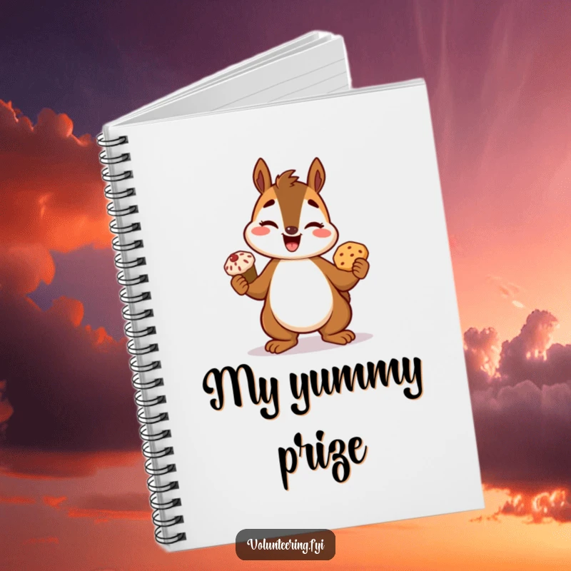 Funny squirrel notebook, a giggling cartoon squirrel holding a freshly baked treat, ideal for jotting down recipes.