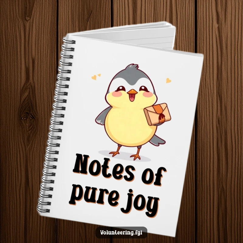 Funny notebook cover featuring a joyful chickadee carrying a small parcel, perfect for notes and creative writing.