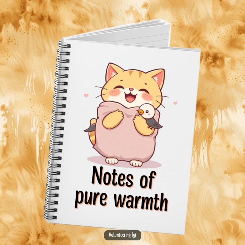 Funny cat notebook featuring a joyful cat offering a warm blanket to a shivering bird, perfect for journaling kind thoughts.