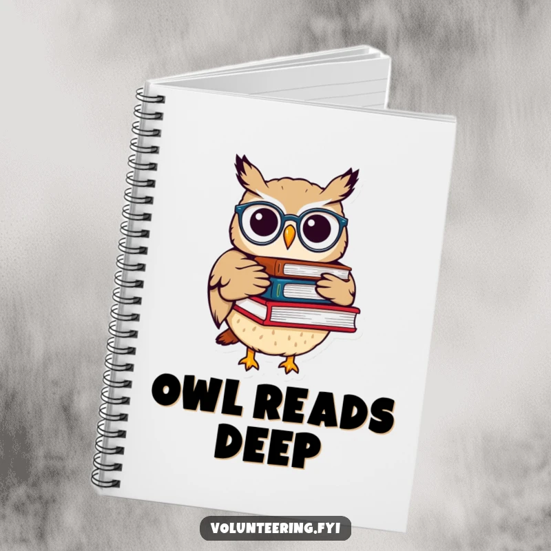 Funny notebook adorned with a whimsical owl with spectacles carrying books, perfect for journaling, research, and jotting down intellectual ideas.