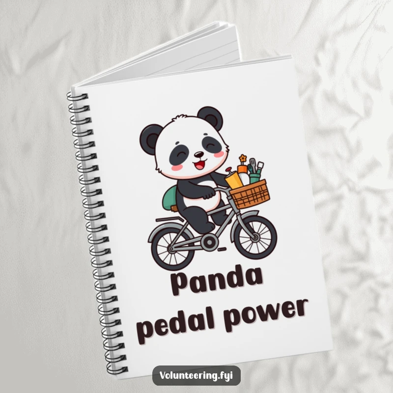 Funny Panda Bike Notebook: A cartoon panda riding a bicycle with supplies, providing a humorous and inspiring cover for your notes.