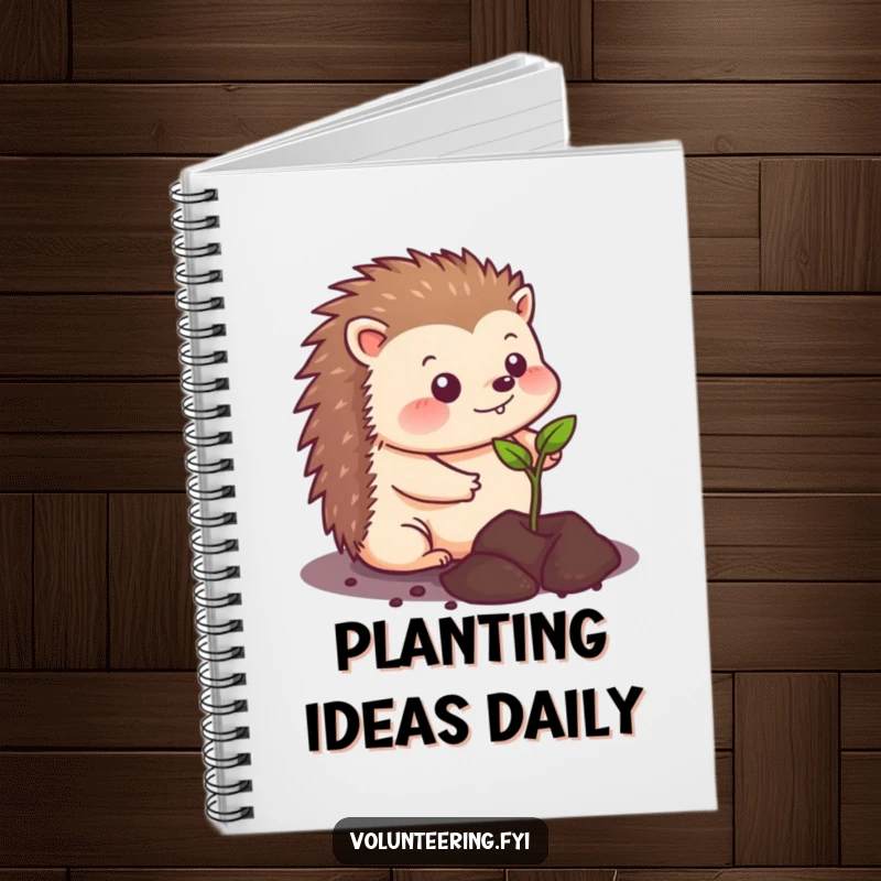 Funny kawaii hedgehog notebook, smiling while planting a tiny seedling, ideal for jotting down notes, ideas, or garden plans, a cute accessory.