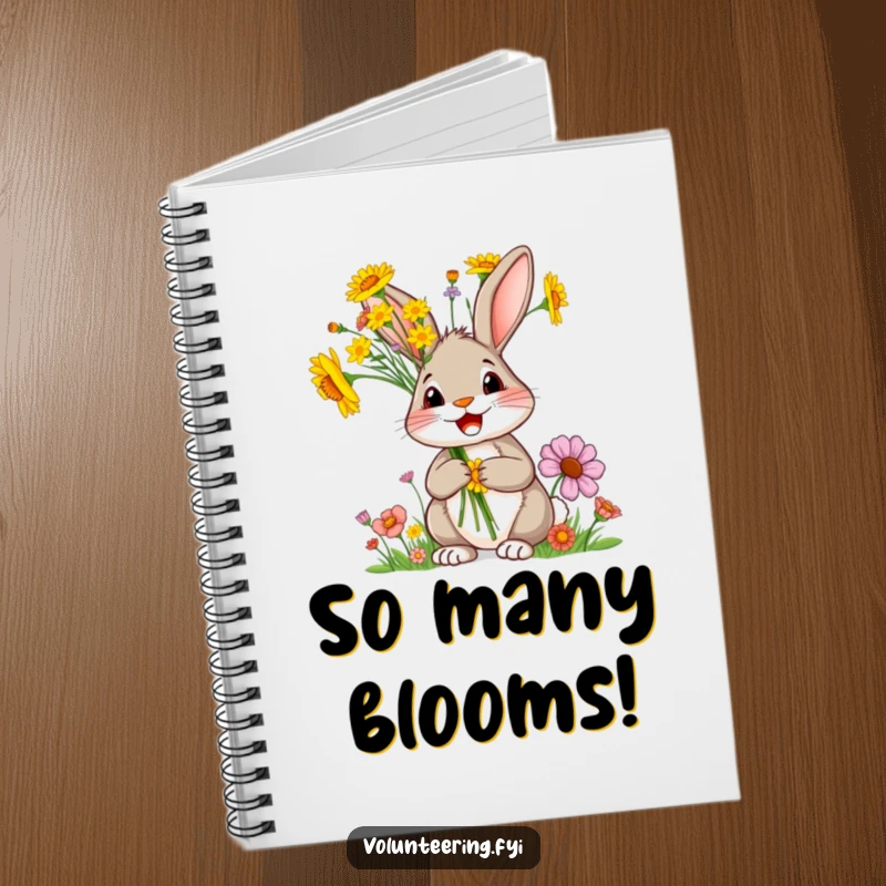 Funny rabbit notebook, a delighted cartoon rabbit holding a bunch of bright wildflowers, ideal for journaling.
