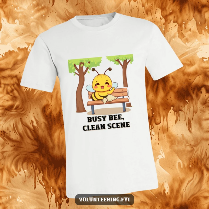 Funny T-Shirt: Joyful yellow bee with a determined expression polishes a park bench with a small cloth, busy and focused.