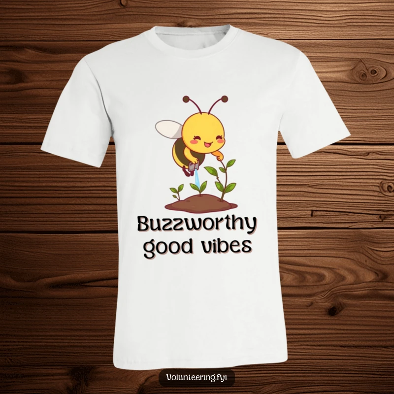 Funny t-shirt graphic of a smiling bee carefully watering a small, wilting plant with a watering can.