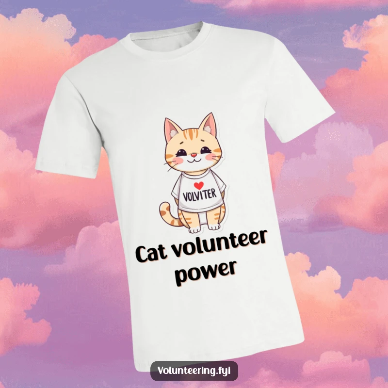 Funny t-shirt featuring an adorable illustrated cat wearing a volunteer shirt, symbolizing kindness, helpfulness, and animal love.
