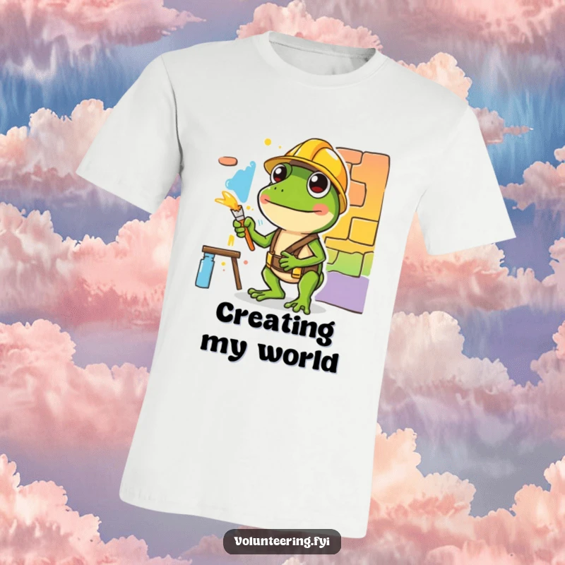 Funny t-shirt with a diligent green frog in a hard hat painting a mural, celebrating creative effort and humor.