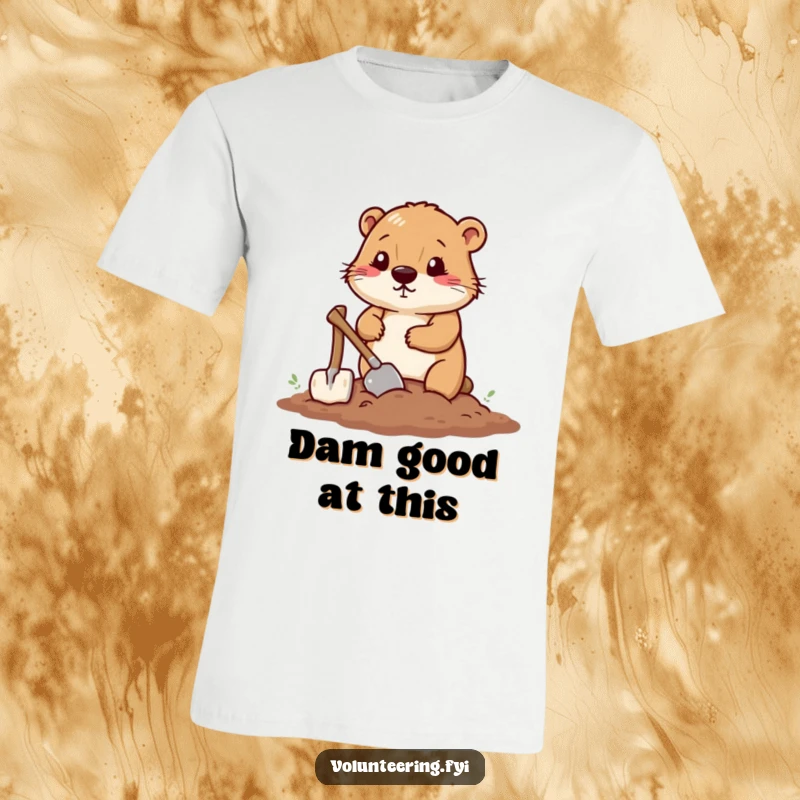 Funny t-shirt graphic of a determined beaver leveling soil with a tiny shovel, a true construction worker.