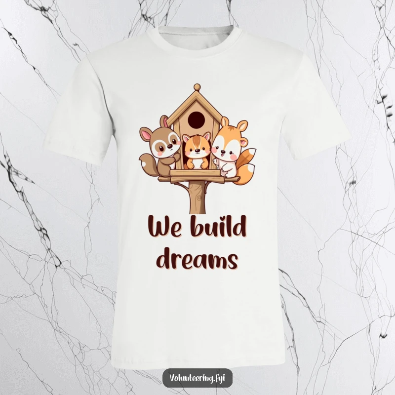 Funny t-shirt depicting diverse animal friends cheerfully building a birdhouse, symbolizing cooperation and outdoor fun.