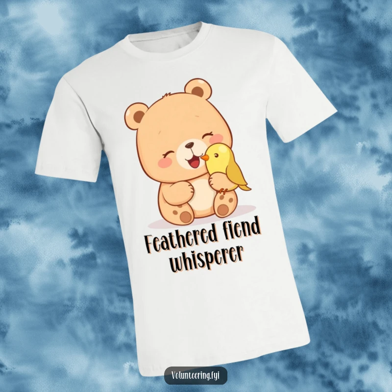Funny t-shirt depicting a giggling bear petting a small bird on its nose, highlighting a humorous and tender animal encounter. Ideal funny gift.