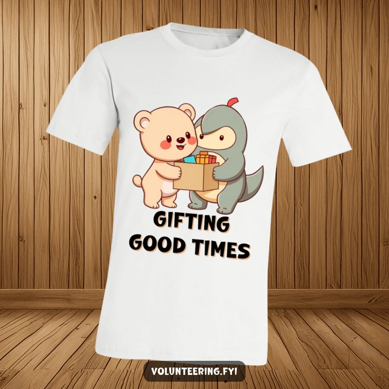 Funny T-Shirt showcasing a cheerful bear cub character offering a box of supplies to another creature, radiating helpfulness and community.