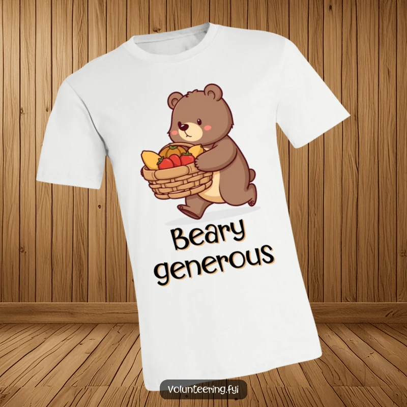 Funny bear t-shirt, a determined bear carrying a large basket of donated food, highlighting the spirit of charity and community aid.