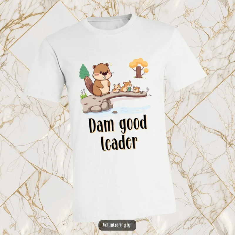 Funny beaver t-shirt, a diligent beaver guiding small animals across a handmade bridge, a humorous depiction of leadership and teamwork.