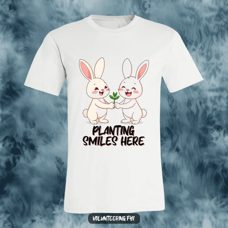 Funny t-shirt depicting a happy bunny handing a plant seedling to a grinning companion, celebrating mutual kindness.