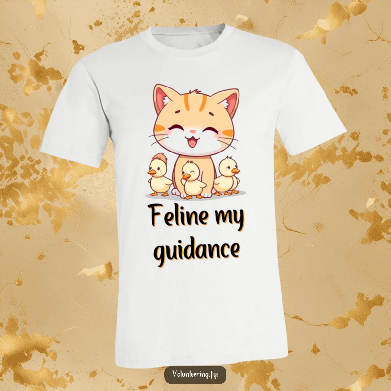 Funny smiling cat character guiding lost little ducklings on a t-shirt, great funny gift.
