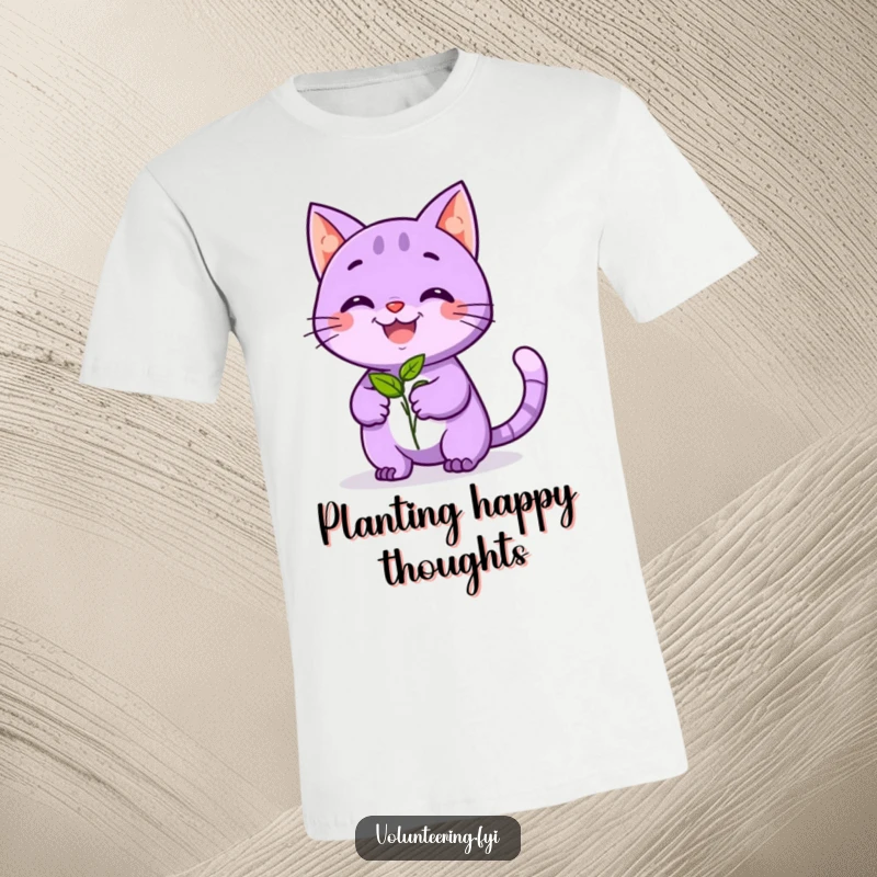 Funny t-shirt with a playful purple cat smiling, offering a seedling, celebrating gardening and kindness with humor.