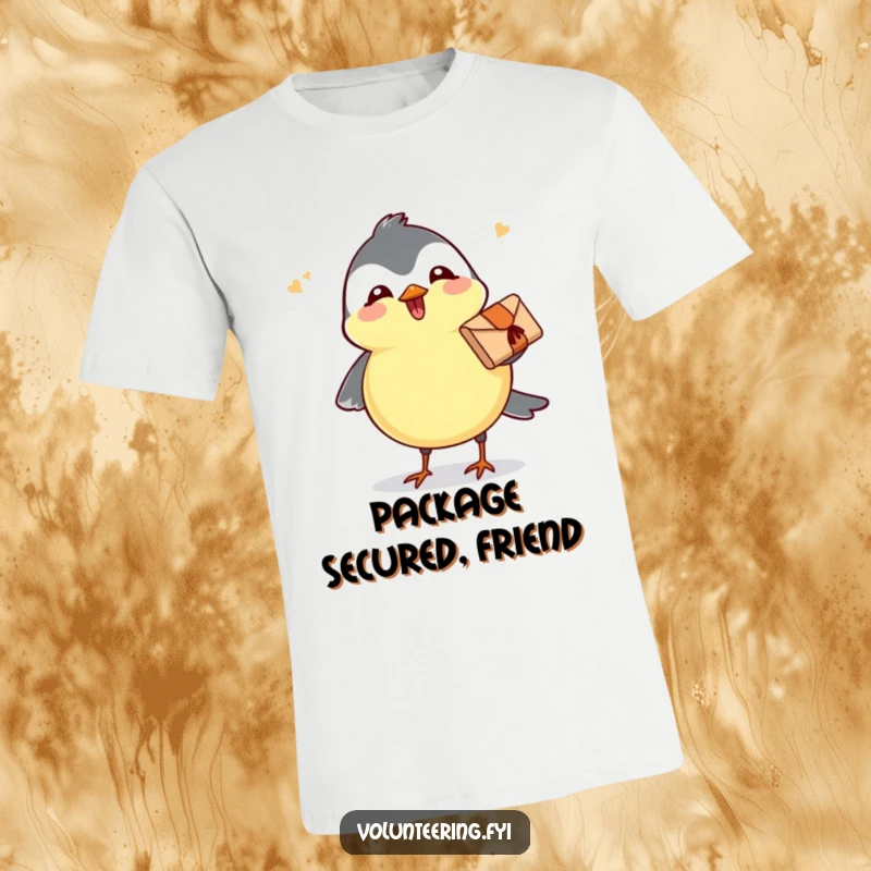 Funny t-shirt with a joyful chickadee carrying a small parcel, representing fast, cheerful delivery and adorable service.