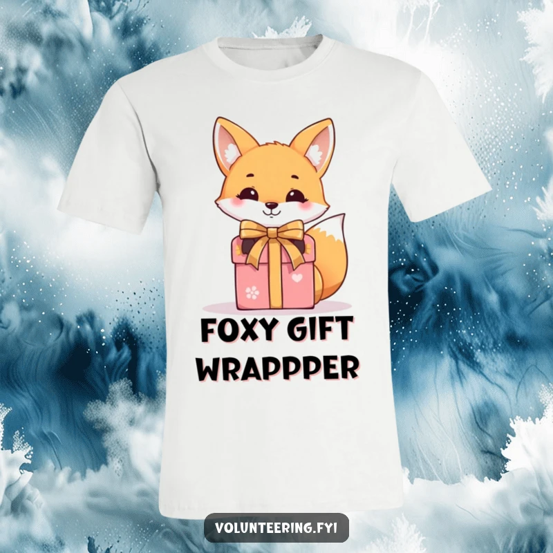 Funny t-shirt depicting a smiling fox skillfully tying a red ribbon around a beautifully wrapped gift box, festive and fun.