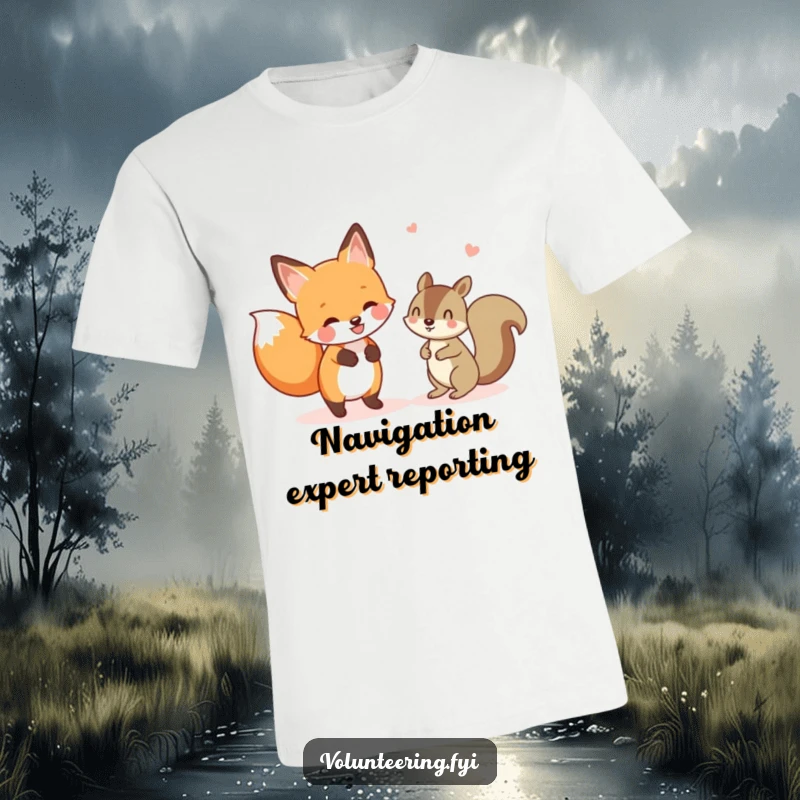 Funny t-shirt featuring a cheerful fox helping a lost squirrel, highlighting a humorous and kind woodland encounter. Ideal funny gift.