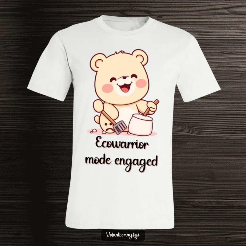 Funny Kawaii Bear T-Shirt: Joyful bear cleaning litter with enthusiasm, a humorous and eco-conscious statement piece.