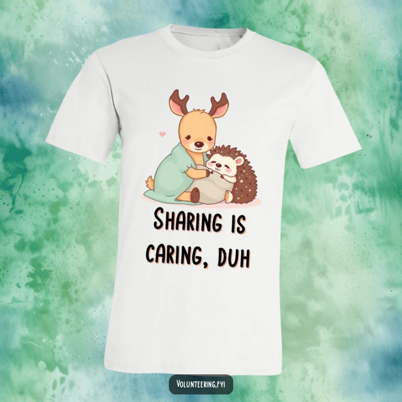 Funny T-shirt with a Kawaii deer and hedgehog sharing a blanket, embodying warmth, friendship, and cozy companionship.