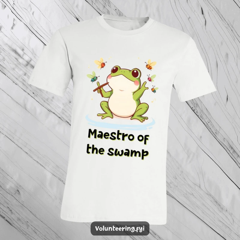 Funny Kawaii Frog Orchestra T-Shirt: Cute frog leading a symphony of insects, a humorous and musical celebration of nature.