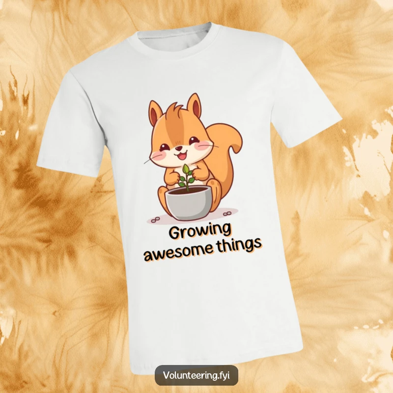 Funny Kawaii squirrel planting a small seed in a pot, cute t-shirt for gardeners.