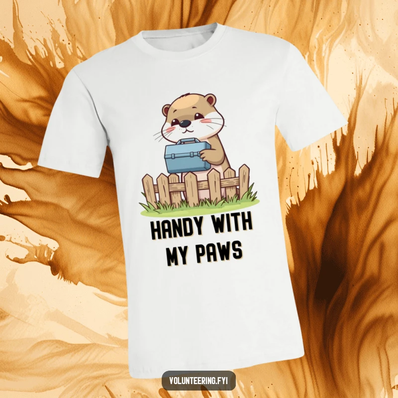 Funny t-shirt with a cheerful otter passing a toolbox over a fence, celebrating helpfulness and repairs.