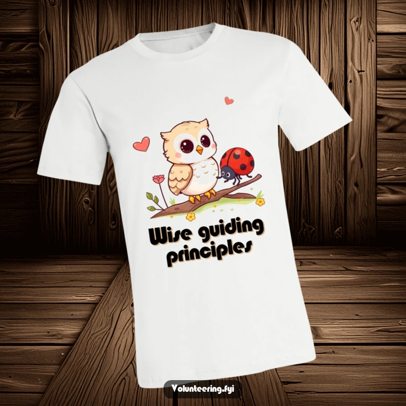 Funny t-shirt graphic of a caring owl leading a ladybug home, symbolizing guidance and gentle friendship.