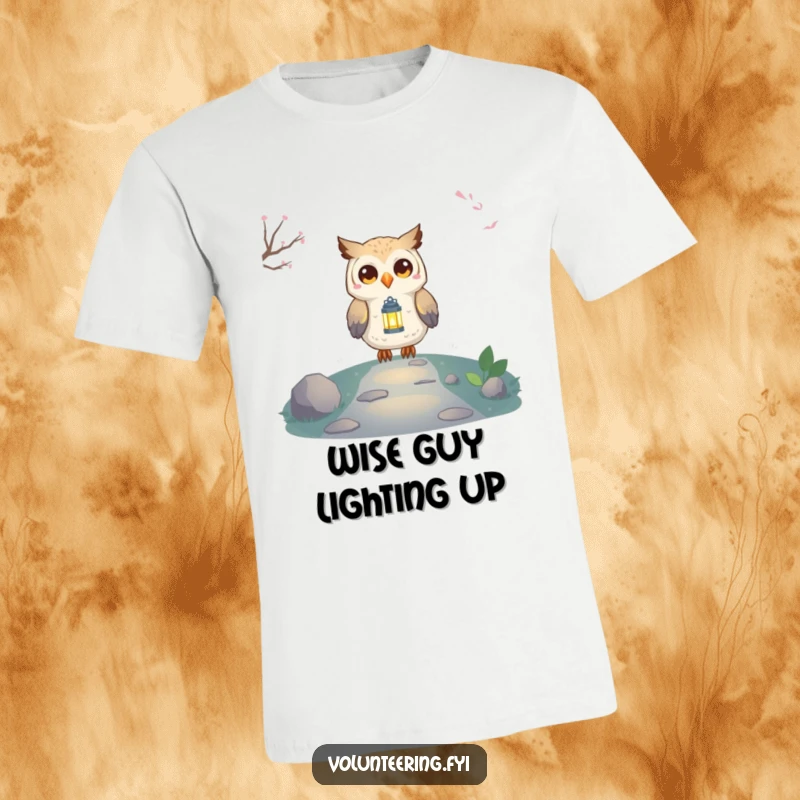 Funny Owl Lantern T-Shirt showing a proud, smiling owl character holding a small, glowing lantern to light up the way ahead.