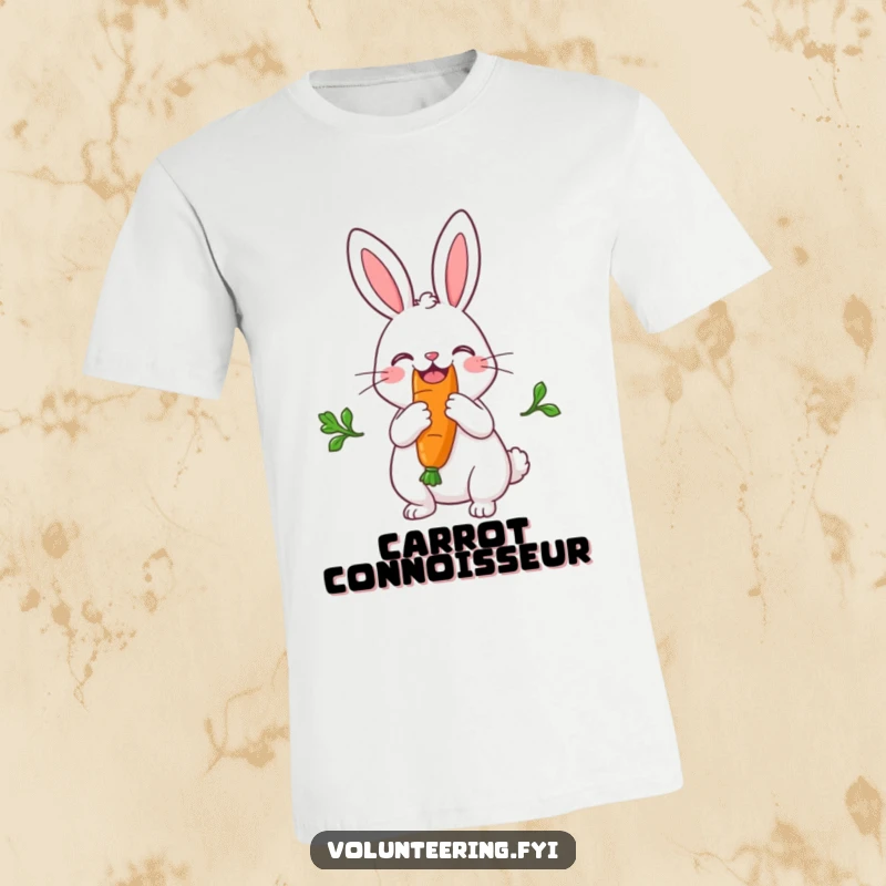 Funny t-shirt featuring a joyful rabbit splitting a large carrot in half to share, symbolizing friendship and fun.