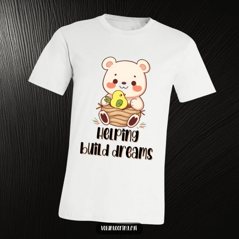 Funny T-Shirt: A big, happy bear is carefully helping a small, cheerful bird build a nest, showcasing a heartwarming partnership.