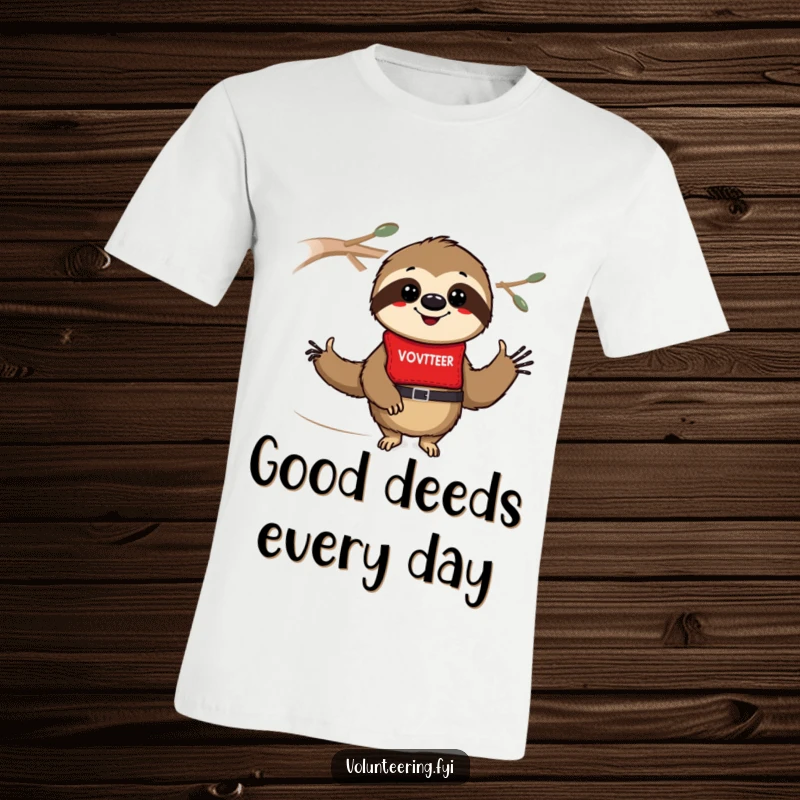 Funny sloth t-shirt with a smiling sloth wearing a red volunteer vest, celebrating servitude with a humorous cartoon design.