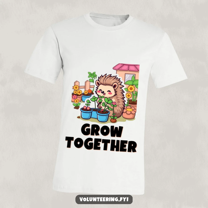 Funny Hedgehog Garden T-Shirt: A charming cartoon hedgehog meticulously organizing a community garden, showcasing its prickly pride.