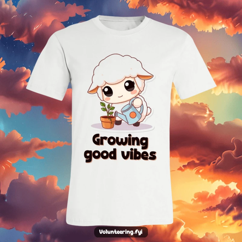 Funny T-Shirt: Fluffy white sheep with large, kind eyes carefully waters a small potted plant with a tiny watering can, full of gentleness.