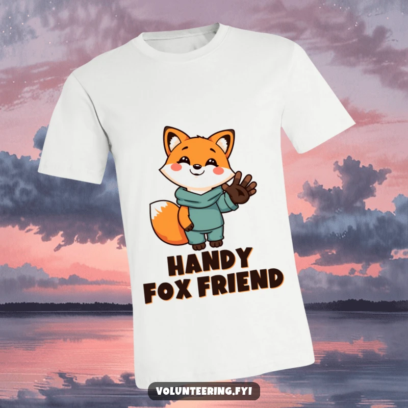 Funny cute cartoon fox t-shirt, smiling and holding a human hand, promoting kindness and support, a heartwarming tee.