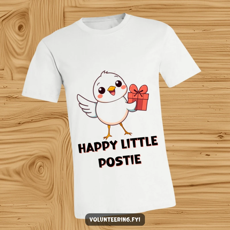 Funny bird t-shirt with a smiling bird holding a colorful gift, ideal for gift-givers and cheerful occasions.