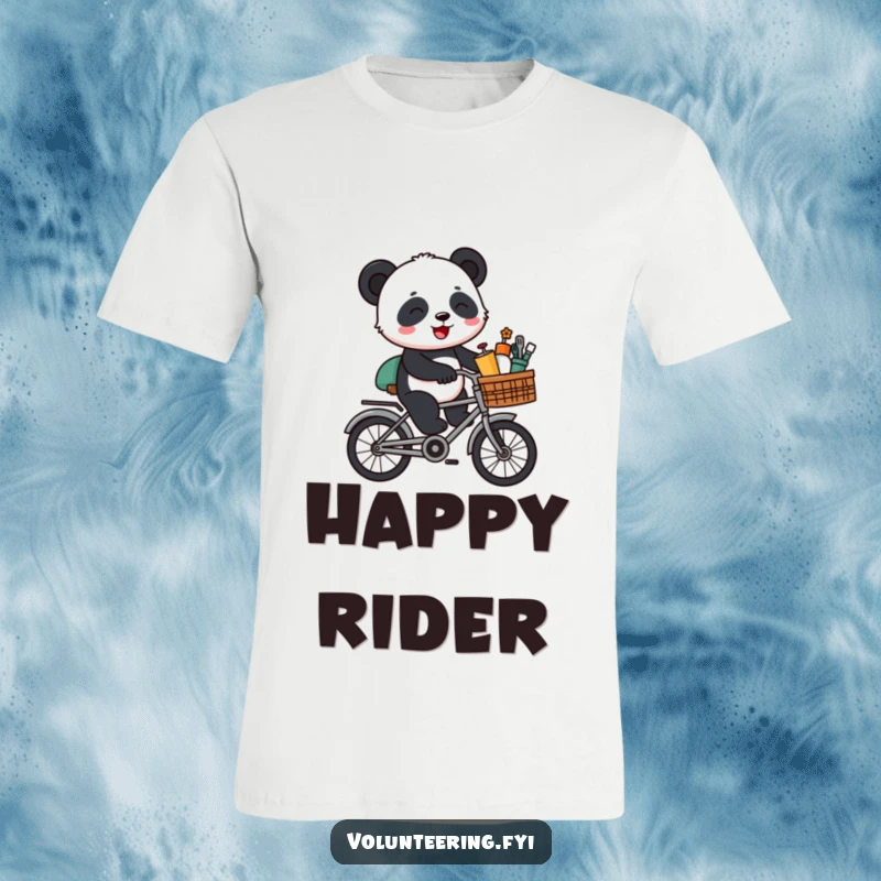 Funny Panda Ride T-Shirt: A cheerful cartoon panda riding a bicycle with supplies, its face lit up with giggles and glee.