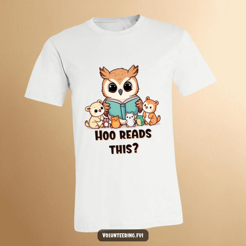 Funny t-shirt featuring a curious Kawaii owl reading a book to young animals, promoting literacy and cuteness, a wonderful funny gift.