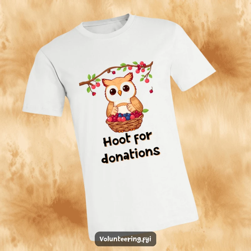 Funny owl t-shirt showing a proud owl donating a basket of collected berries, a charming scene of thoughtful sharing.