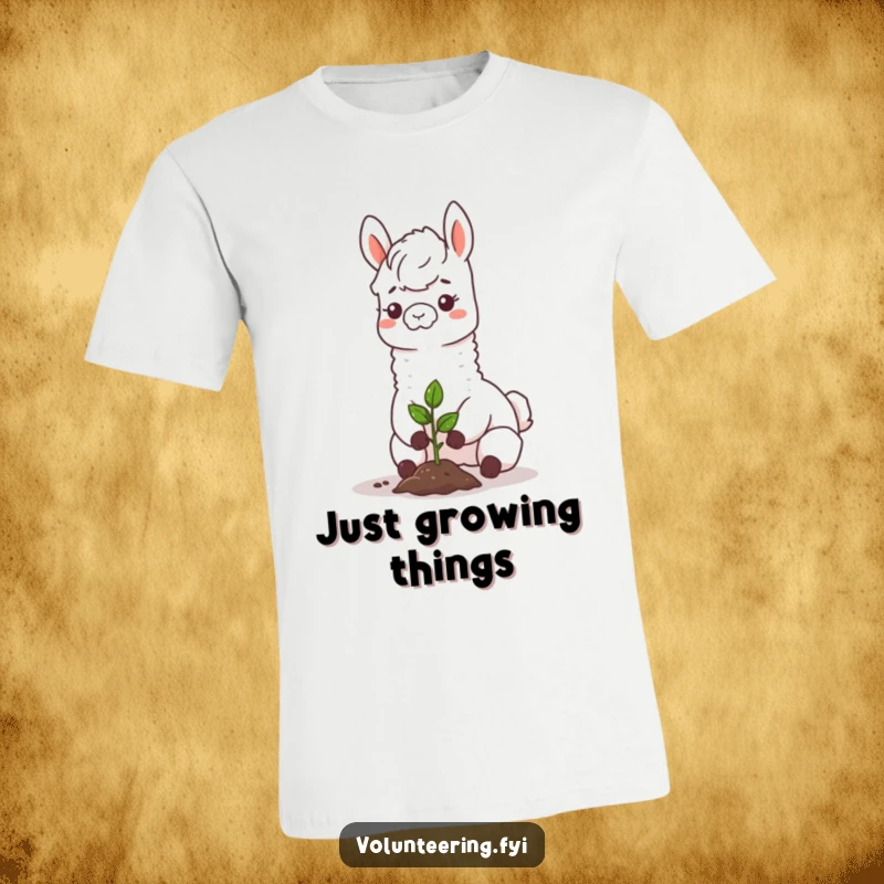 Funny llama t-shirt, a happy llama smiling, carefully planting a small green sapling, celebrating nature and eco-consciousness.