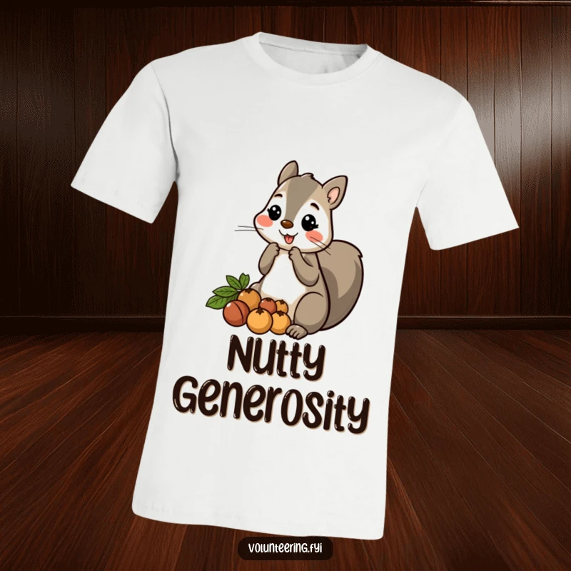 Funny Squirrel Sharing T-Shirt: A cute cartoon squirrel offering a pile of nuts to others, radiating friendliness and generosity.