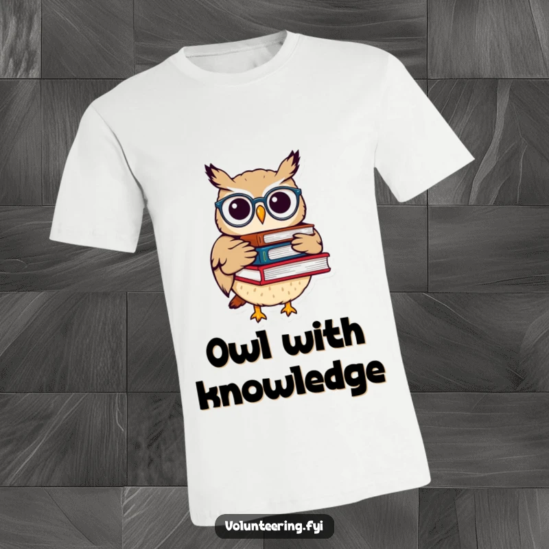 Funny t-shirt featuring a whimsical owl with spectacles carrying books, symbolizing knowledge, wisdom, and a passion for literature.