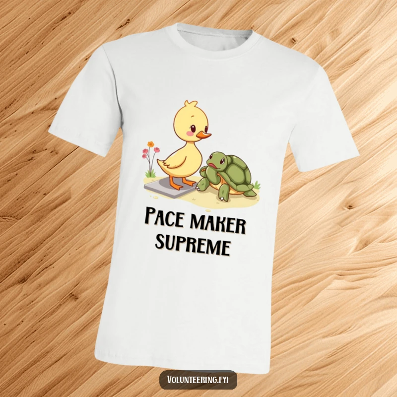 Funny kawaii duckling t-shirt, assisting an elderly turtle to cross a path, highlighting friendship and mutual support, a charming graphic tee.