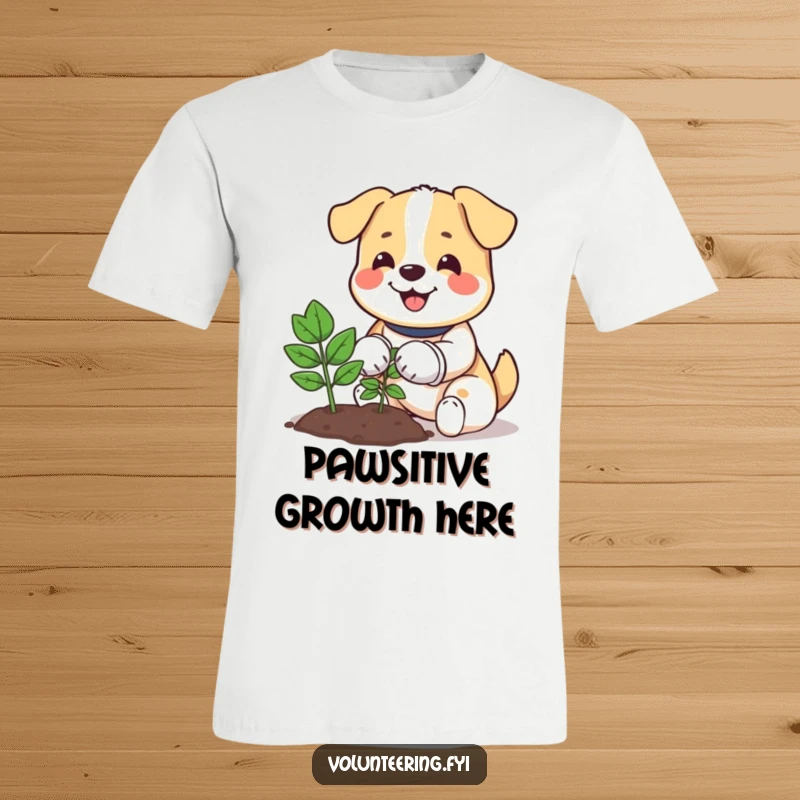 Funny t-shirt depicting a happy dog in gloves, actively planting a small tree, showcasing a love for nature.