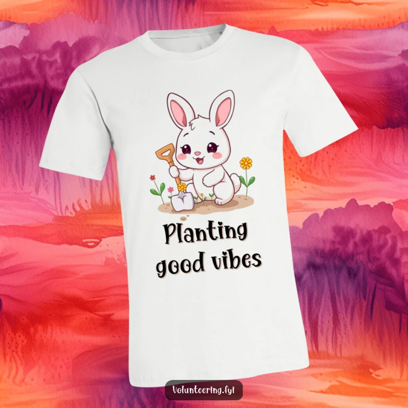 Funny t-shirt of a happy bunny character planting tiny flowers with a smiling shovel, spreading floral cheer.